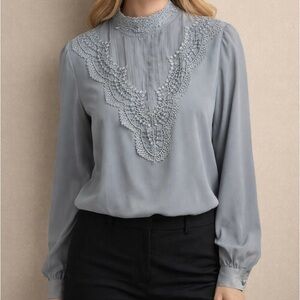 Victorian Style Sz 12Prairie Blouse Gray Lace Yoke High Neck Long Sleeve